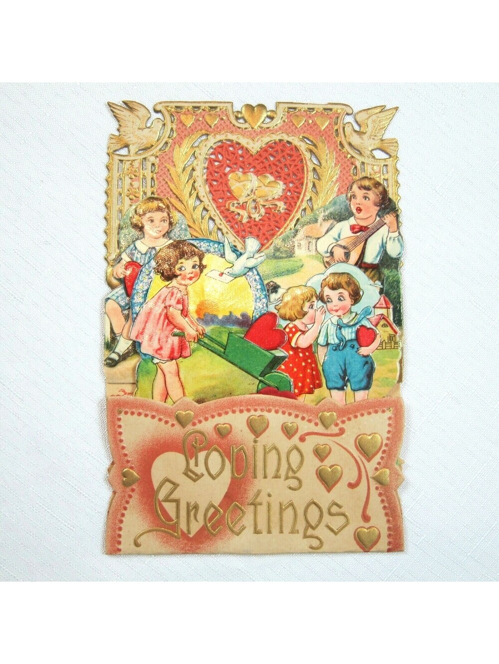 Vintage Valentine 1933 Die Cut Honeycomb 3D Pull Down Boys Girls Doves Germany